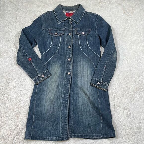 Johnny Blaze Flames Long Fitted Dark Blue Denim Jacket Wu-Tang Women's - Picture 1 of 8